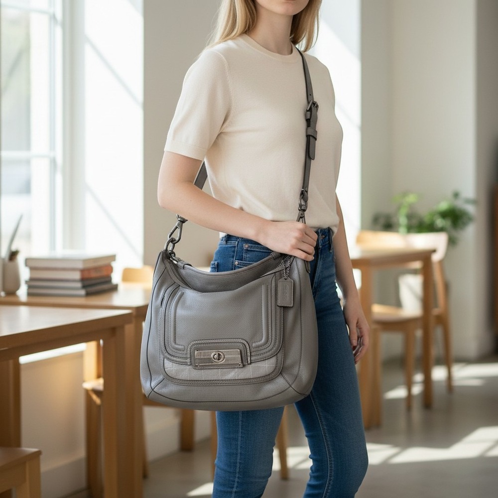 Coach Grey Leather Hobo Shoulder Bag Mixed Texture Croc Turnlock Gunmetal HW